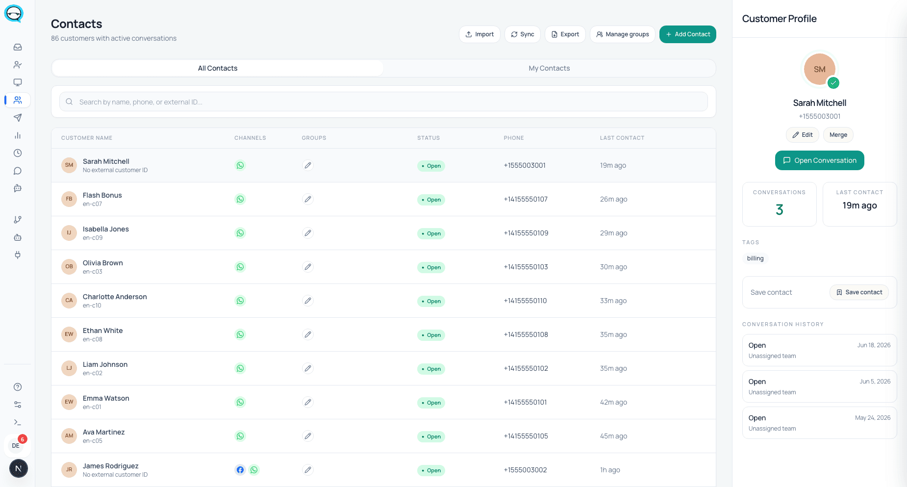 marv.Inbox contacts and customer record screenshot